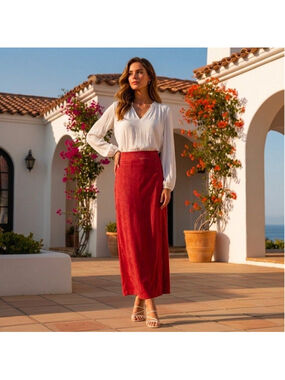 Christopher & Banks 12 Red Moleskin Button Front Y2K Maxi Skirt